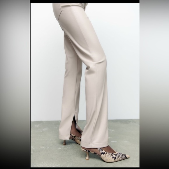New Zara ECRU FAUX LEATHER FLARED SLIT SLIM FIT PANTS HIGH RISE STRAIGHT LEG - Picture 10 of 17